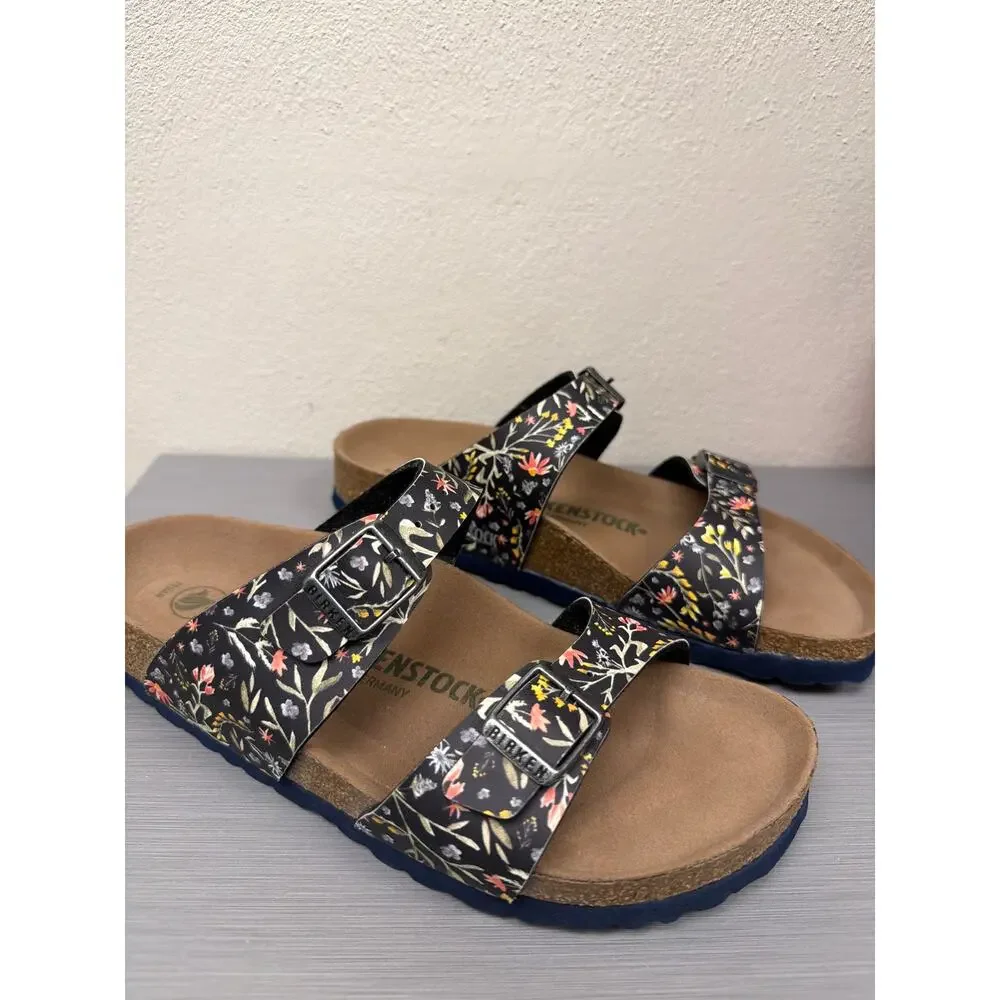 Birkenstock Vegan Sydney Sandals Slides Birko Flor Watercolor Flower Navy Sz 38 - Picture 1 of 8